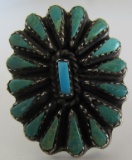 PETIT POINT TURQUOISE RING STERLING SILVER CLUSTER
