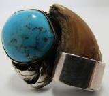 SIGNED BEAR CLAW TURQUOISE RING STERLING SILVER