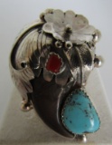 BEAR CLAW RING TURQUOISE STERLING SILVER SIZE 14