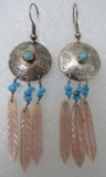 TURQUOISE FEATHER EARRINGS STERLING SILVER MOP