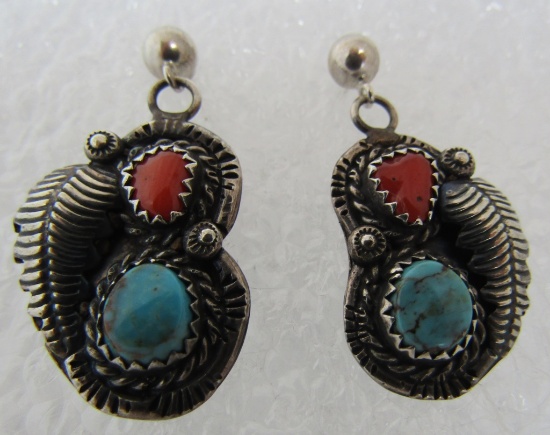 TURQUOISE CORAL EARRINGS STERLING SILVER SQUASH