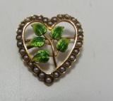 14K GOLD PIN GREEN ENAMEL 28 SEED PEARL BROOCH