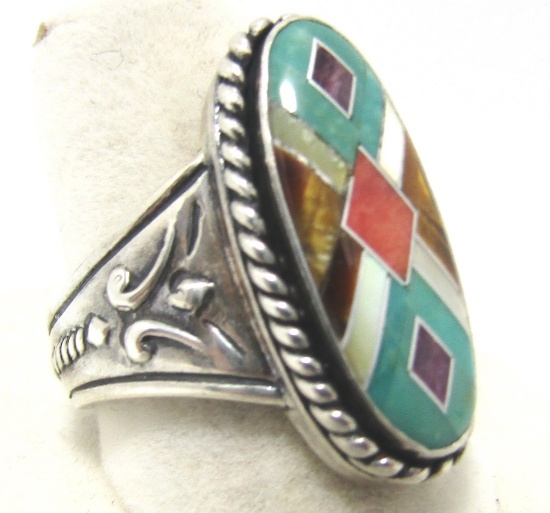 TURQUOISE TIGERSEYE INLAY RING SZ9 STERLING SILVER