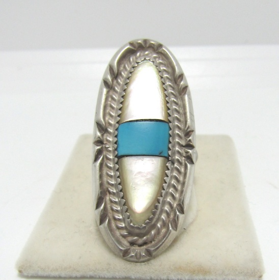 ZUNI INLAID TURQUOISE STERLING SILVER RING