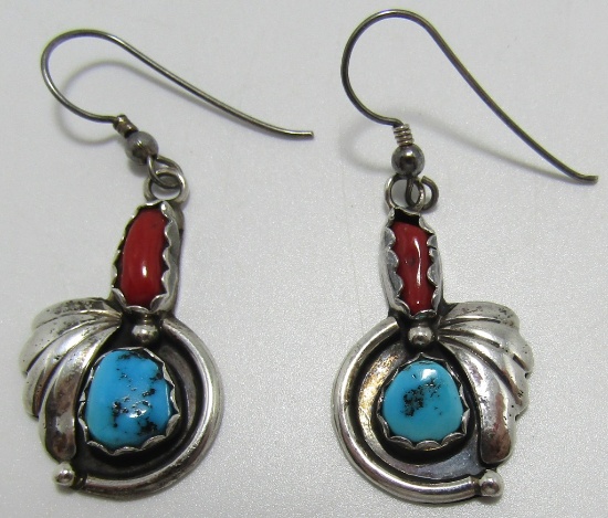 STERLING SILVER TURQUOISE RED CORAL EARRINGS