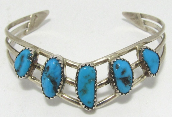 SIGNED H TURQUOISE STERLING SILVER CUFF BRACELET