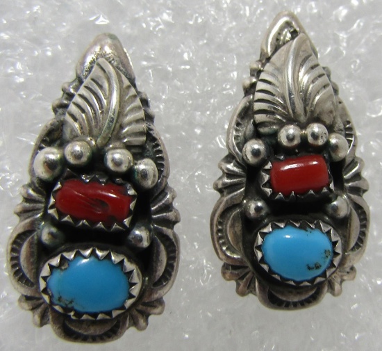 SIGNED W TURQUOISE RED CORAL STERLING EARRINGS