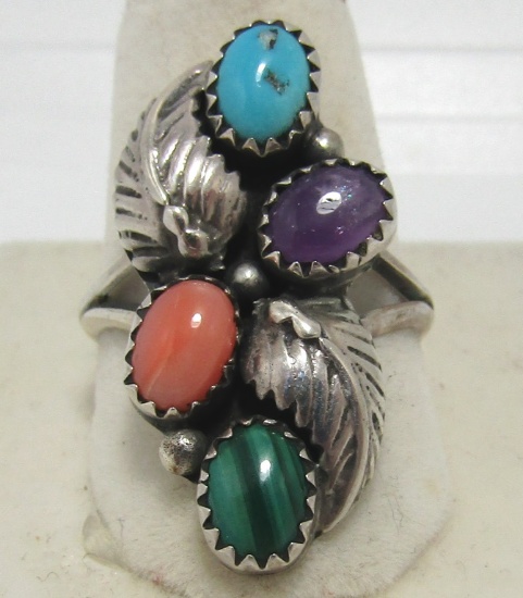 BEGAY RING TURQUOISE CORAL STERLING SILVER
