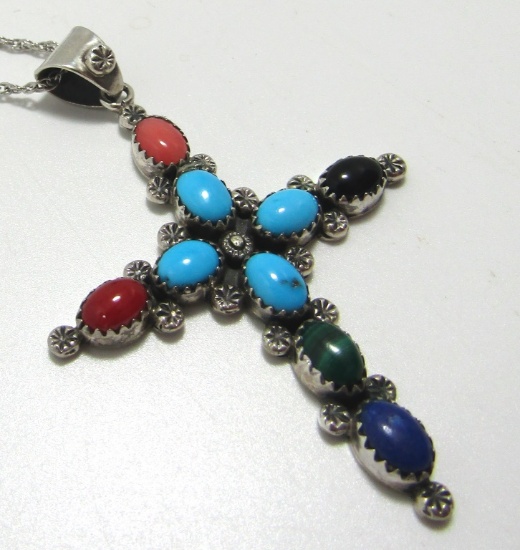 BEGAY TURQUOISE CORAL STERLING CROSS NECKLACE