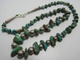 TURQUOISE NUGGET & STERLING SILVER BEAD NECKLACE