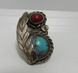 OLD PAWN RED CORAL TURQUOISE STERLING RING 10G
