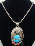 TURQUOISE RED CORAL BEAR CLAW STERLING NECKLACE