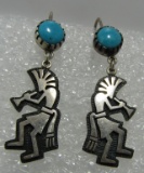 HOPI KOKOPELLI SIGNED STERLING TURQUOISE EARRINGS