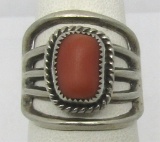 UNSIGNED STERLING SILVER RED CORAL RING SIZE 7