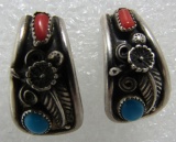 RN MARK RED CORAL TURQUOISE STERLING EARRINGS