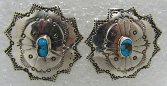BEGAY HUGE CONCHO TURQUOISE EARRINGS STERLING SILV