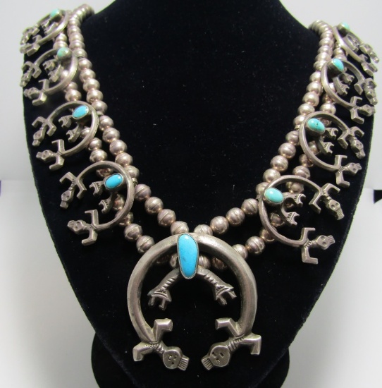 OLD PAWN TURQUOISE STERLING YEI SQUASH BLOSSOM