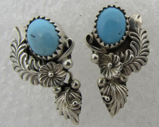 SQUASH BLOSSOM TURQUOISE EARRINGS STERLING SILVER
