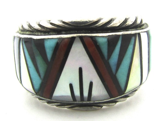 "R" MARK INLAY TURQUOISE RING STERLING SILVER