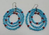 TURQUOISE RED CORAL BEADED STERLING EARRINGS