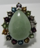 HUGE JADE & GEMSTONE RING STERLING SILVER SIZE 9