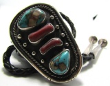 BOULDER TURQUOISE CORAL BOLO TIE NECKLACE STERLING