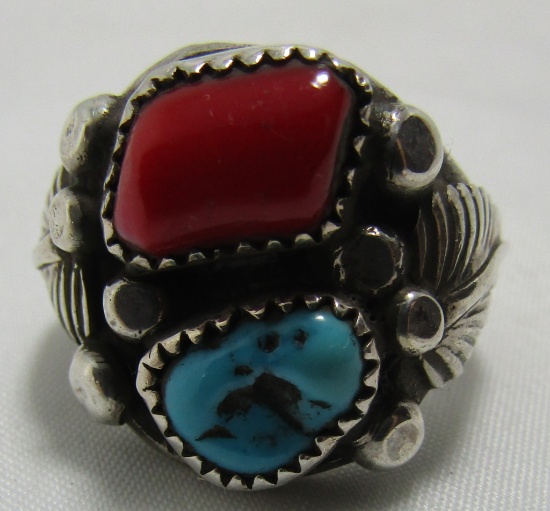 "KW" TURQUOISE CORAL RING STERLING SILVER SZ 9