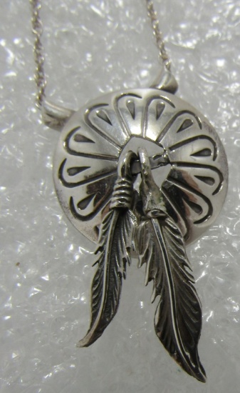 FEATHER & SHIELD PENDANT NECKLACE STERLING SILVER
