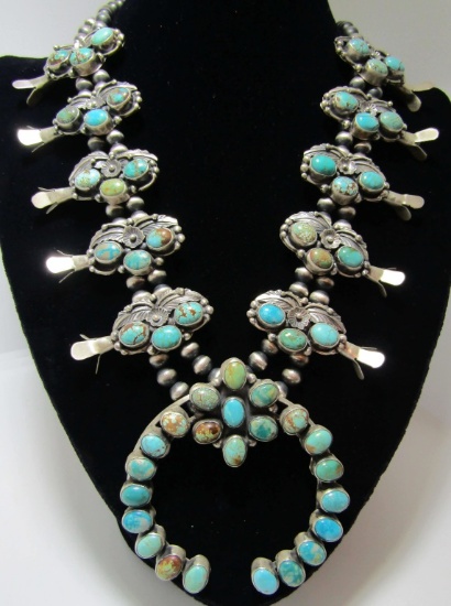 TYRONE TURQUOISE SQUASH BLOSSOM NECKLACE STERLING