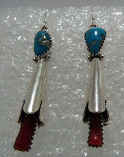 "RB" TURQUOISE CORAL EARRINGS STERLING SILVER