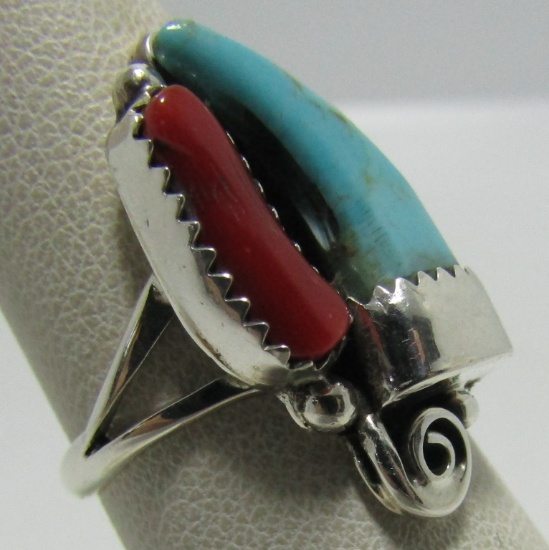 DAWES TURQUOISE CLAW CORAL RING STERLING SILVER
