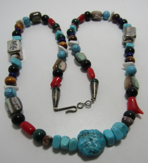 TURQUOISE ABALONE STERLING SILVER BEAD NECKLACE