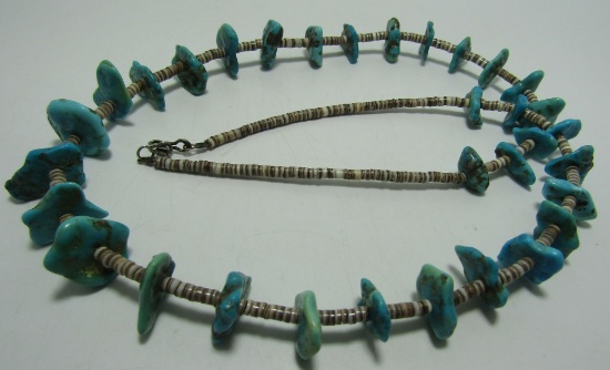 TURQUOISE  NUGGET & HEISHI SHELL BEAD NECKLACE 27"