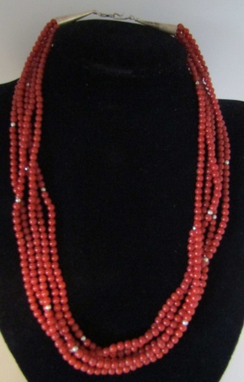 5 STRAND RED CORAL BEAD NECKLACE STERLING SILVER