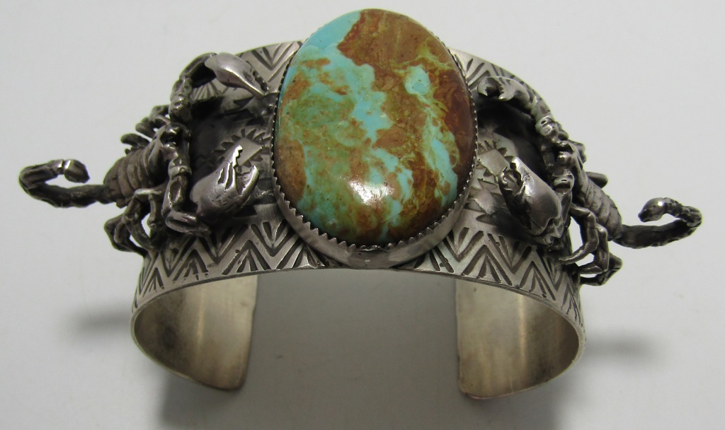 Native American Huge Scorpion Navajo #8 Turquoise Squared Sterling Silver Bracelet Native American Huge Scorpion Navajo #8 Turquoise Squared Sterling Silver Bracelet