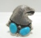 SIGNED H TURQUOISE STERLING EAGLE RING 12 GRAM
