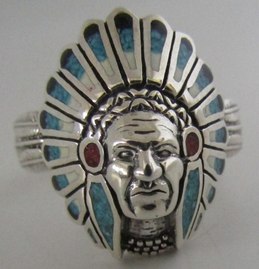 INDIAN CHIEF RING STERLING SILVER SIZE 14 TURQUOIS