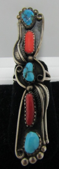 HUGE 2 1/2" TURQUOISE CORAL RING STERLING SILVER