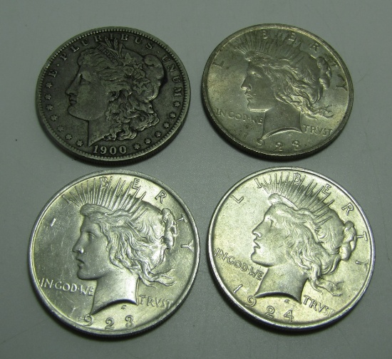 4 US SILVER DOLLARS 1900 - 1924.