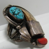 BEAR CLAW TURQUOISE CORAL RING STERLING SILVER