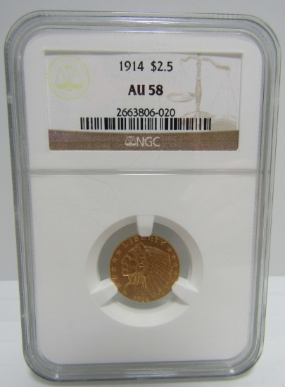 1914 US 2 1/2 DOLLAR GOLD INDIAN COIN NGC 58