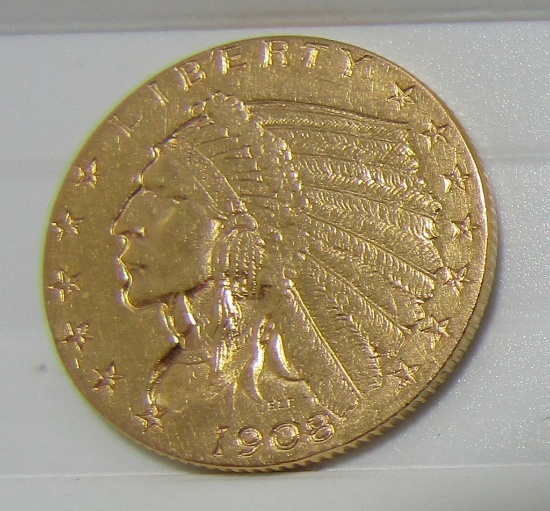 1908 US GOLD INDIAN COIN 2 1/2 DOLLAR