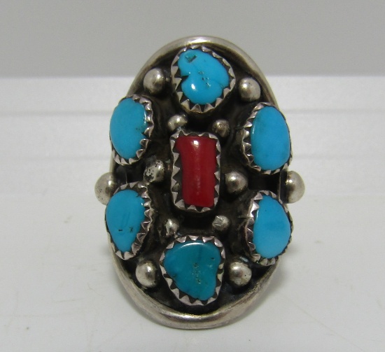 SIGNED LMC RED CORAL TURQUOISE STERLING RING