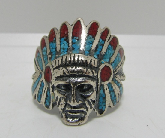 SZ12.5 STERLING RED CORAL TURQUOISE CHIEF RING