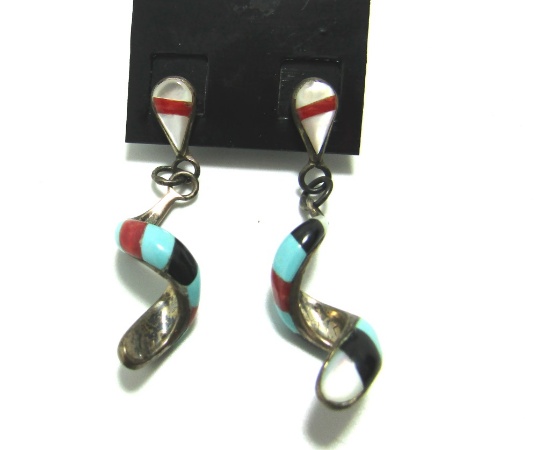 OLD PAWN MULTICOLOR STONE SPIRAL STERLING EARRINGS