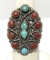 RED CORAL TURQUOISE STERLING NAVAJO CLUSTER RING