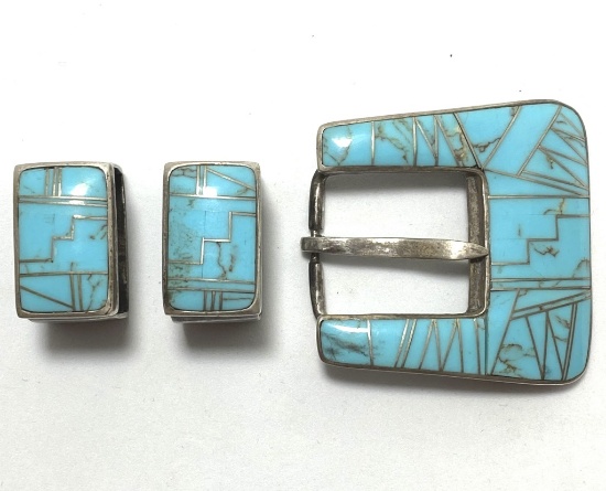 INLAID TURQUOISE STERLING RANGER BELT BUCKLE