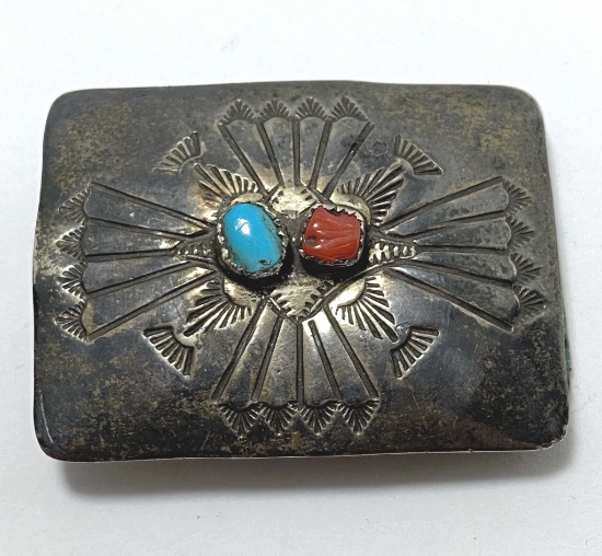 SMALL STERLING NAVAJO TURQUOISE CORAL BELT BUCKLE