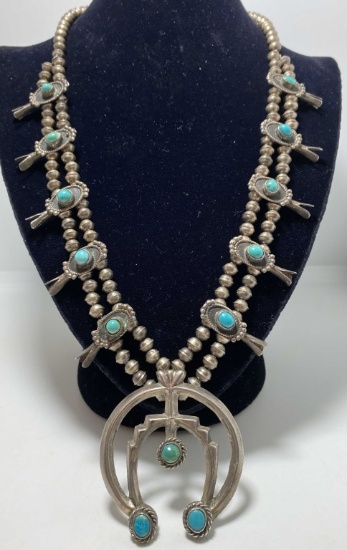 1970'S STERLING TURQUOISE SQUASH BLOSSOM NECKLACE