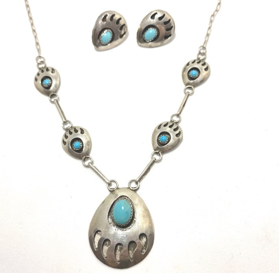 STERLING TURQUOISE BEARPAW NECKLACE EARRING SET
